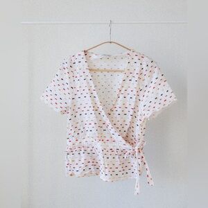 Madewell Small White Wrap Blouse with Colorful Dots